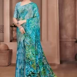 Crepe Digital Printed Flower Print Green Colour Saree